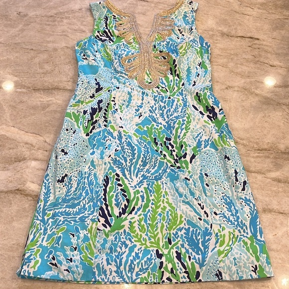 Lilly Pulitzer | Valli Shift Dress 100%‎ Cotton | Seashell Metallic | Size 6 - Picture 4 of 16